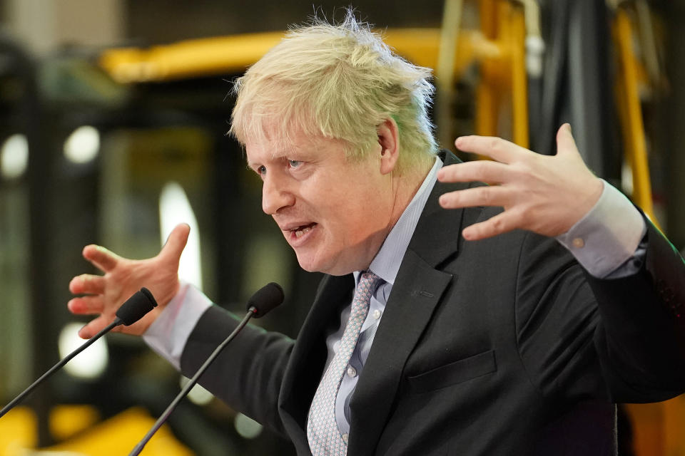 ROCESTER, STAFFORDSHIRE - JANUARY 18: Boris Johnson delivers a speech at JCB World Headquarters on January 18, 2019 in Rocester, Staffordshire. After defeating a vote of no confidence in her government, Theresa May has called on MPs to break the Brexit deadlock by conducting cross-party Brexit talks. The speech by the former Foreign Secretary is being widely acknowledged as a Tory leadership bid. (Photo by Christopher Furlong/Getty Images)