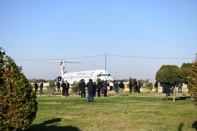 Iranian passenger plane is seen after sliding off the runway upon landing at Mahshahr airport