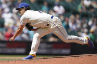 Seattle Mariners starting pitcher Marco Gonzales throws against the Oakland Athletics during the sixth inning of a baseball game, Sunday, July 25, 2021, in Seattle. (AP Photo/Ted S. Warren)