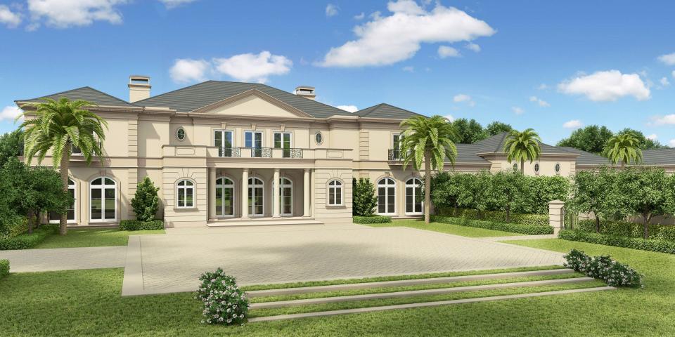 A rendering submitted to the town during an architectural review shows the house ultimately completed in 2021 by Lewis and Alice Sanders at 615 N. County Road in Palm Beach. The Sanders' property tax bill for 2023 is $2.45 million.