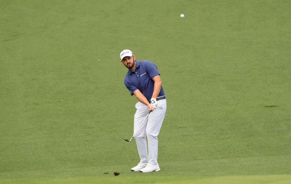 Patrick Cantlay chips onto the No. 2 green during the first round of the Masters Tournament in Augusta, Georgia, on April 11, 2024.