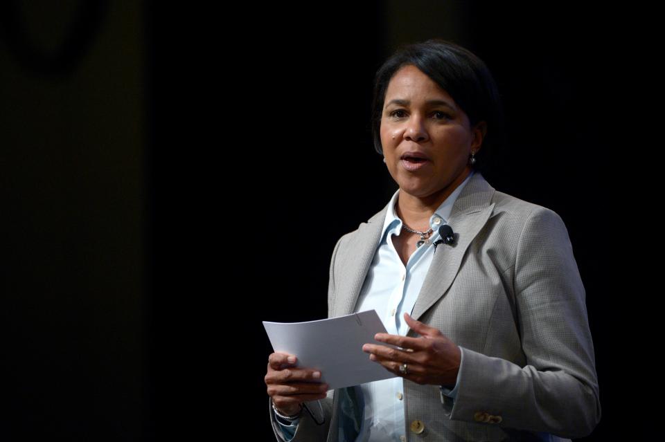 Sam's Club President and CEO Rosalind Brewer asks a question during a panel discussion at the Wal-Mart U.S. Manufacturing Summit in Orlando, Fla., Aug. 22, 2013.