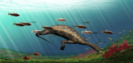 Life restoration of Atopodentatus (the "hammerhead") is shown in this image released May 6, 2016. Courtesy Y. Chen/IVPP/Handout via REUTERS