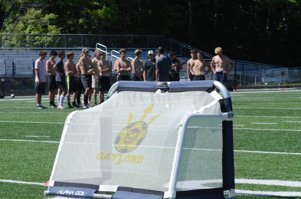 A Gaylord-branded mini net sits in front of the Gaylord soccer team during a practice on Tuesday, August 9.