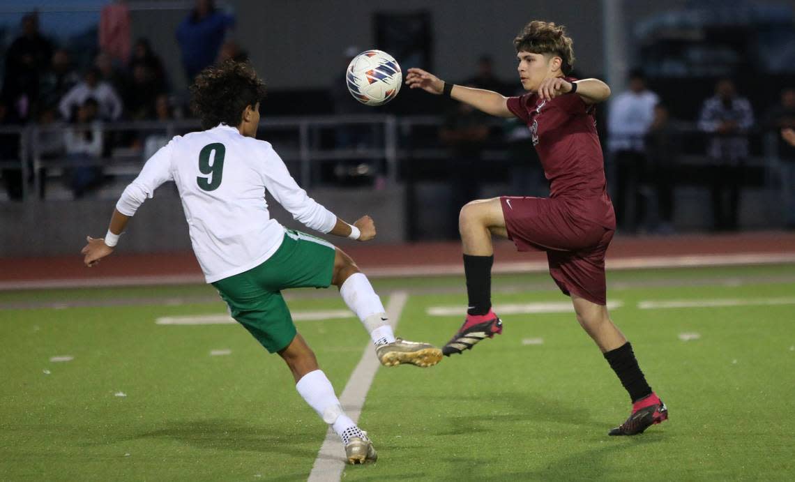 Alfonso Palacios of Matilda Torres High tries to get past the defense of Riverdale High’s Brandon Espíritu during the CIF Central Section Division V championship at Madera South on Feb. 24, 2024. Torres won, 1-0.