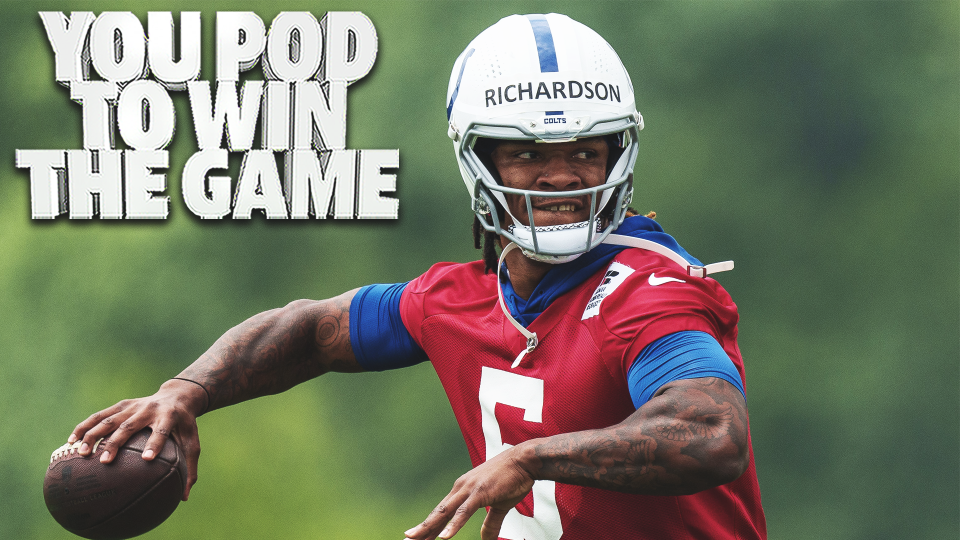 June 14, 2023; Indianapolis, IN, USA; Indianapolis Colts quarterback Anthony Richardson (5) works through passing drills Wednesday, June 14, 2023, during mandatory minicamp at the Indiana Farm Bureau Football Center in Indianapolis. Mandatory Credit: Mykal McEldowney-USA TODAY Sports