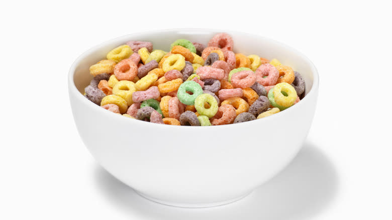 Bowl of colorful sugary cereal