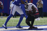 Atlanta Falcons wide receiver Olamide Zaccheaus, right, catches a touchdown pass during the first half of an NFL football game against the New York Giants, Sunday, Sept. 26, 2021, in East Rutherford, N.J. (AP Photo/Seth Wenig)