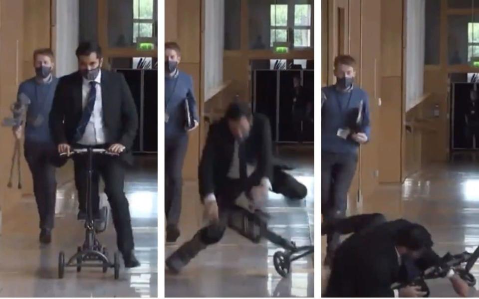 Humza Yousaf was racing along the corridor when he came crashing down from his scooter - STV