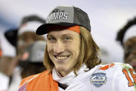 FILE - Clemson quarterback Trevor Lawrence smiles after defeating Notre Dame in the Atlantic Coast Conference championship NCAA college football game in Charlotte, N.C., in this Saturday, Dec. 19, 2020, file photo. Jacksonville’s draft prospects helped lure Urban Meyer out of coaching retirement. The No. 1 choice, an opportunity to grab Clemson star Trevor Lawrence and secure a franchise quarterback for the foreseeable future. (Jeff Siner/The News & Observer via AP, File)