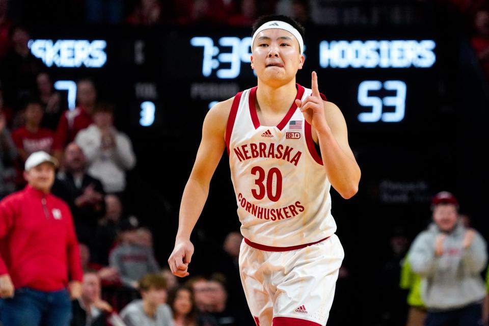 Jan 3, 2024; Lincoln, Nebraska, USA; Nebraska Cornhuskers guard Keisei Tominaga (30) celebrates after a 3-pointer against the Indiana Hoosiers during the second half at Pinnacle Bank Arena. Mandatory Credit: Dylan Widger-USA TODAY Sports