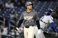 Washington Nationals' Nick Senzel looks on after striking out during the ninth inning of a baseball game against the Toronto Blue Jays, Saturday, May 4, 2024, in Washington. (AP Photo/Nick Wass)