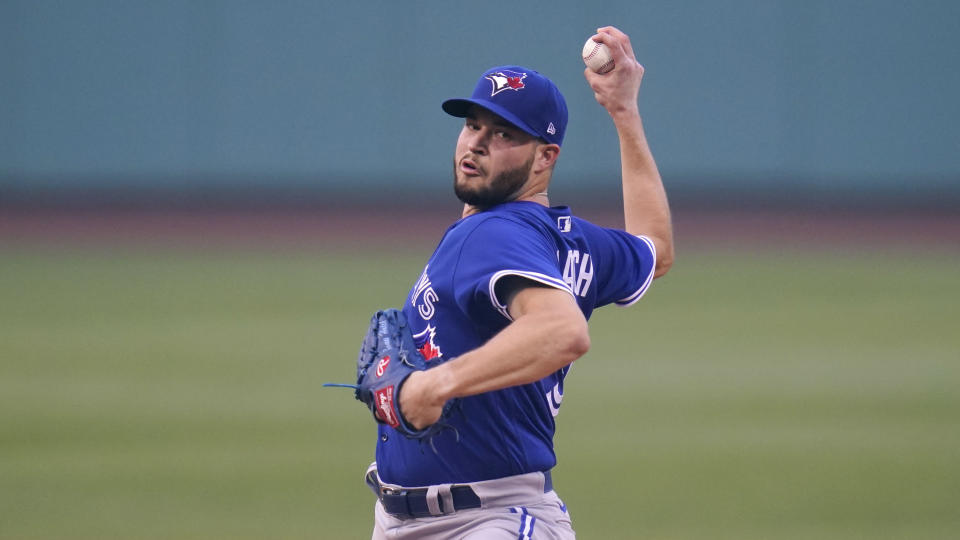 Toronto Blue Jays starting pitcher Thomas Hatch delivers during the first inning of a baseball game against the Boston Red Sox at Fenway Park, Monday, July 26, 2021, in Boston. (AP Photo/Charles Krupa)