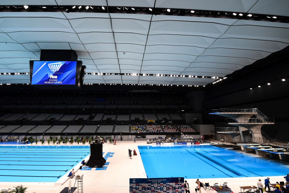 The Tokyo Aquatics Centre, venue for the Tokyo 2020 Olympic and Paralympic games for swimming and diving competitions is pictured during the FINA Diving World Cup on May 1, 2021. (Photo by CHARLY TRIBALLEAU / AFP) (Photo by CHARLY TRIBALLEAU/AFP via Getty Images)