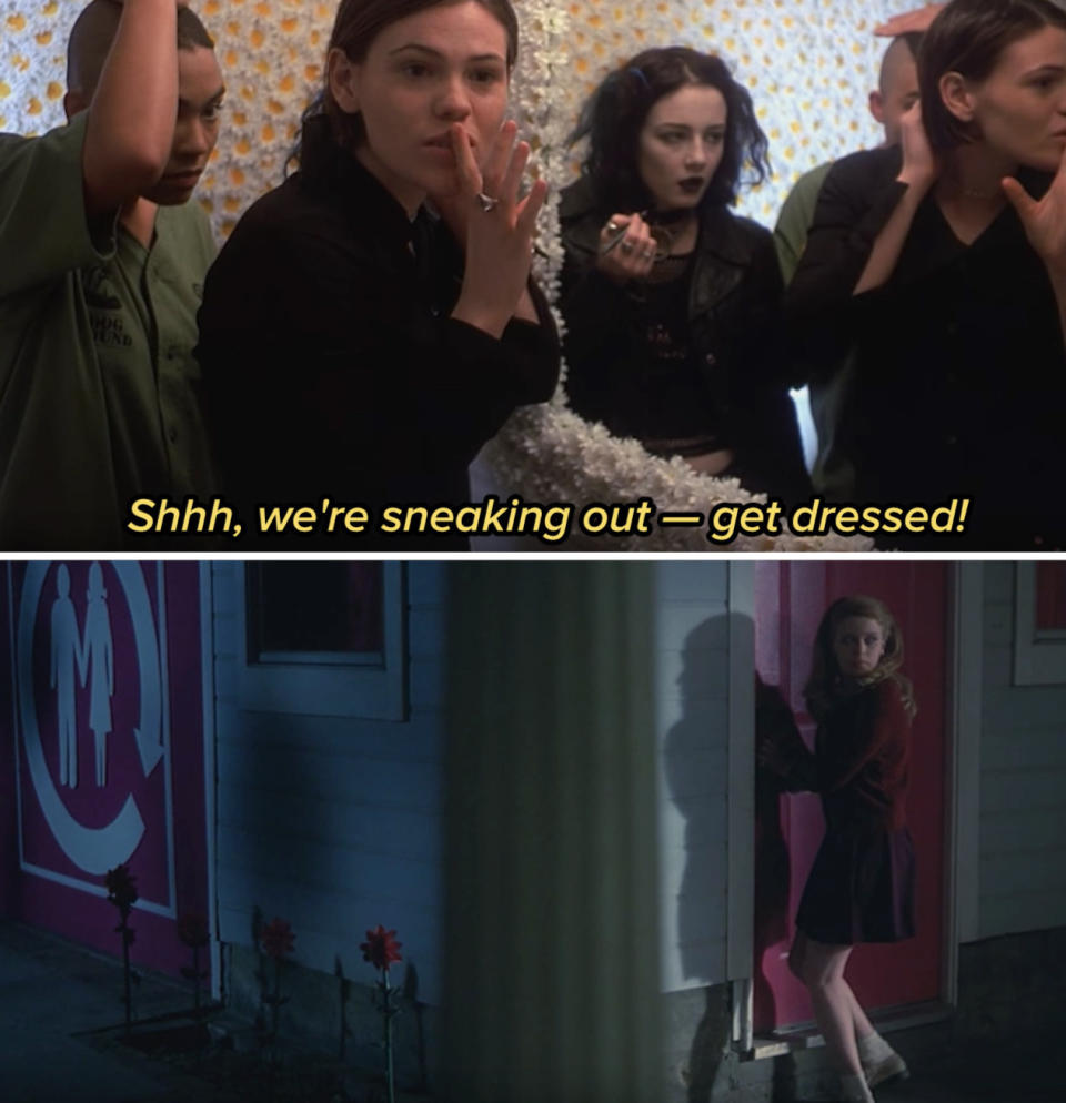 Clea DuVall in "But I'm a Cheerleader" saying: "Shh, we're sneaking out — get dressed!"