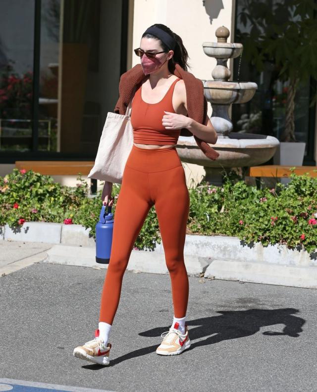 Kendall Jenner shows off endless pins in walnut brown leggings