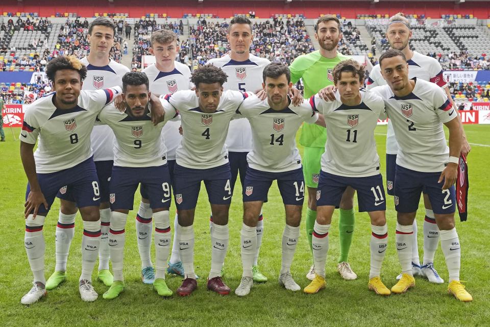 Team USA stands for the team picture prior the international friendly soccer match between USA and Japan as part of the Kirin Challenge Cup in Duesseldorf, Germany, Friday, Sept. 23, 2022. (AP Photo/Martin Meissner)