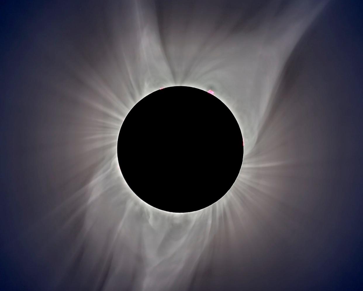 Delicate streamers in the sun's corona surround the totally eclipsed sun during the Aug. 21, 2017, total solar eclipse.