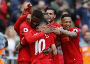 Britain Soccer Football - Liverpool v Everton - Premier League - Anfield - 1/4/17 Liverpool's Divock Origi celebrates scoring their third goal with team mates Reuters / Phil Noble Livepic