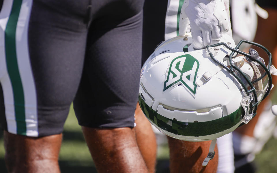 PULLMAN, WA - AUGUST 31: A Portland State Vikings player hols his helmet on the sideline during the game between the Portland State Vikings and the Washington State Cougars on August 31, 2024, at Martin Stadium in Pullman, WA. (Photo by Oliver McKenna/Icon Sportswire via Getty Images)