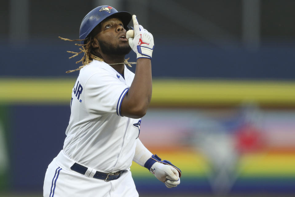 Toronto Blue Jays' Vladimir Guerrero Jr. celebrates his home run during the second inning of a baseball game against the Baltimore Orioles in Buffalo, N.Y., Thursday, June 24, 2021. (AP Photo/Joshua Bessex)