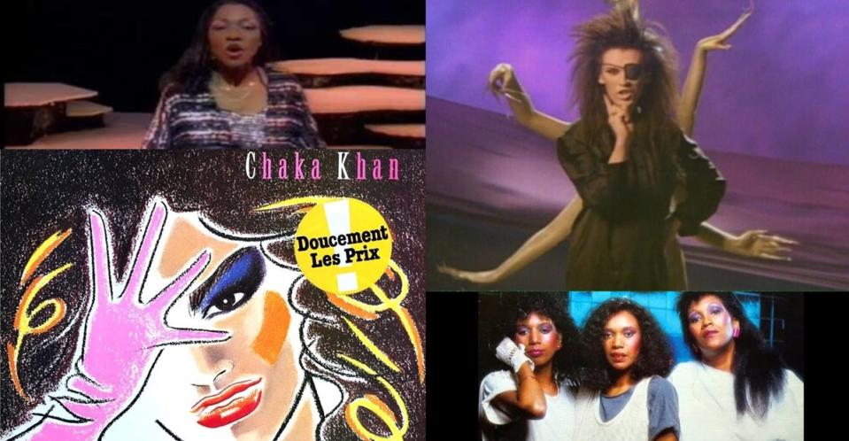 Shannon in the "Let the Music Play" video, Pete Burns of Dead or Alive in the "You Spin Me Round" music video, cover art for Chaka Khan's "I Feel For You," and promo art for the Pointer Sisters' hit song "Automatic."
