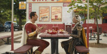 This image released by Warner Bros. Pictures shows Zachary Levi, left, and Helen Mirren in a scene from "Shazam! Fury of the Gods." (Warner Bros. Pictures via AP)