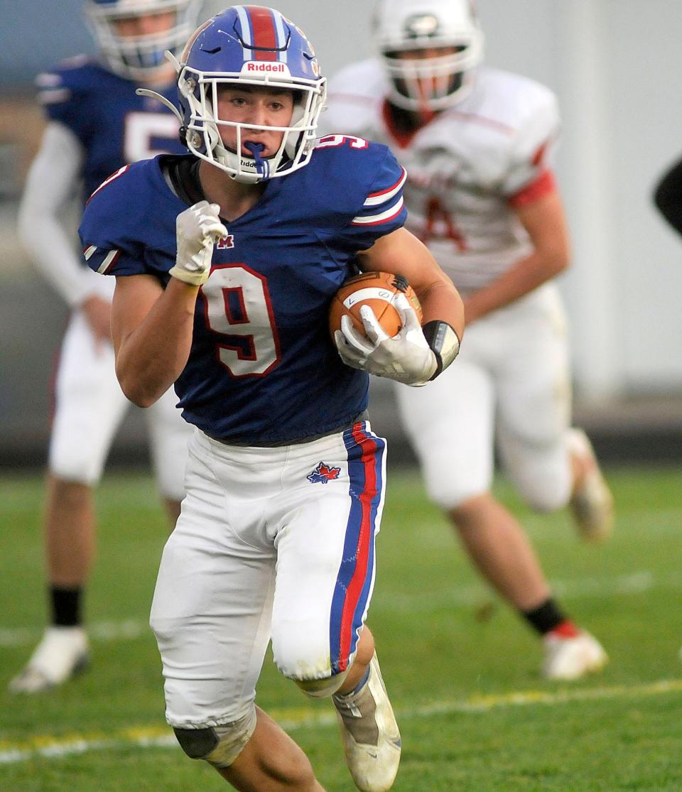 Mapleton High School's Luke Pryor (9)during football action between Plymouth and Mapleton at John E Camp Stadium  Friday September 30,2022  Steve Stokes/for Ashland Times-Gazette