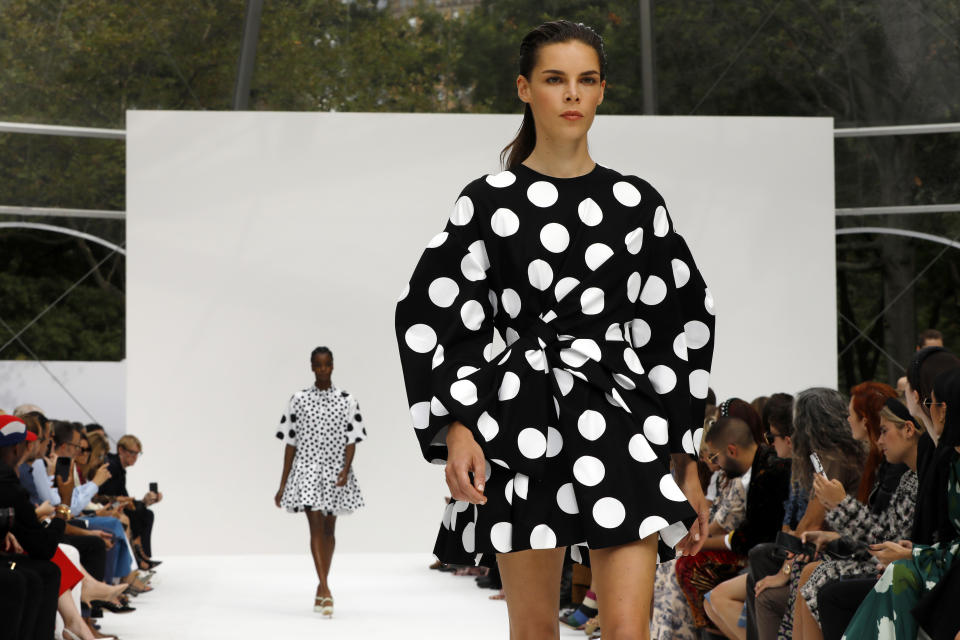 The Carolina Herrera collection is modeled during Fashion Week, in New York, Monday, Sept. 9, 2019. (AP Photo/Richard Drew)