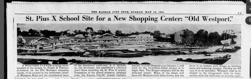 A story in The Star on May 14, 1961, showed a rendering of the Old Westport Shopping Center on 5.65 acres that included the site of the St. Pius X school. The covered wagon can be seen to the far right. The center opened officially in February 1963.