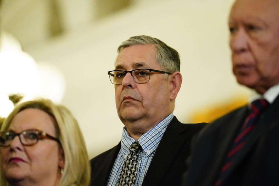 FILE - State Sen. Cris Dush, R-Jefferson, listens during a news conference in Harrisburg, Pa., Feb. 8, 2022. (AP Photo/Matt Rourke, File)