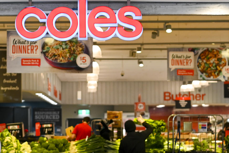A Coles sign is seen at a Coles supermarket in Canberra, Wednesday, August 18, 2021. 