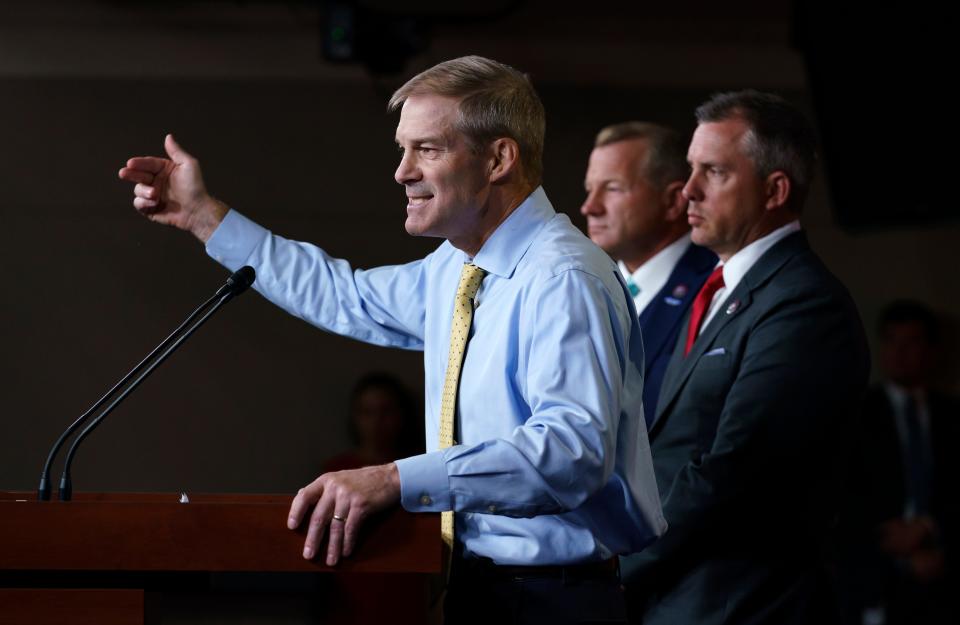 Rep. Jim Jordan, R-Ohio, joined from left by Rep. Troy Nehls, R-Texas, and Rep. Kelly Armstrong, R-N.D., speaks at a news conference after House Speaker Nancy Pelosi rejected two of House Minority Leader Kevin McCarthy's picks for the committee investigating the Jan. 6 Capitol insurrection, including Jordan and Rep. Jim Banks, R-Ind., at the Capitol in Washington, D.C., on July 21, 2021.