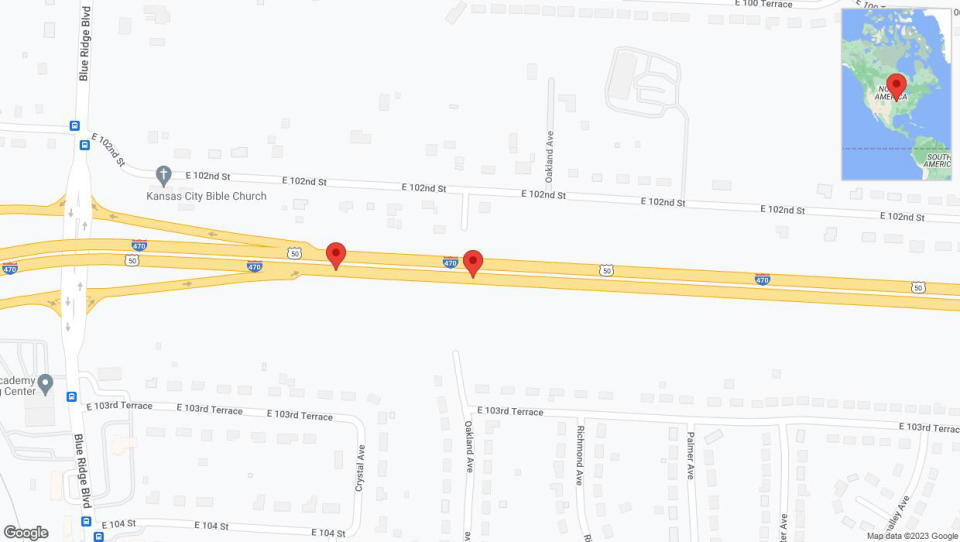 A detailed map that shows the affected road due to 'Broken down vehicle on eastbound I-470 in Kansas City' on September 18th at 5:44 p.m.