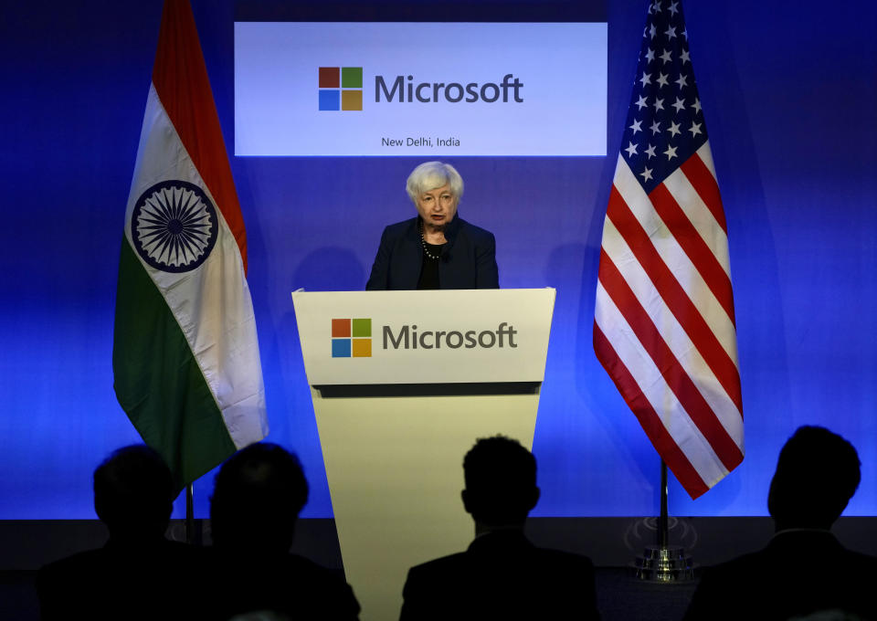 U.S. Secretary of the Treasury Janet L. Yellen speaks at the Microsoft India Development Center in Noida, on the outskirts of New Delhi, India, Friday, Nov. 11, 2022. U.S. Secretary of the Treasury Janet L. Yellen underscored the importance of establishing an Indo-Pacific economic framework that will strengthen supply chains with trusted trading partners like India as she prepared to meet Indian leaders in New Delhi, officials said Friday. (AP Photo/Manish Swarup)