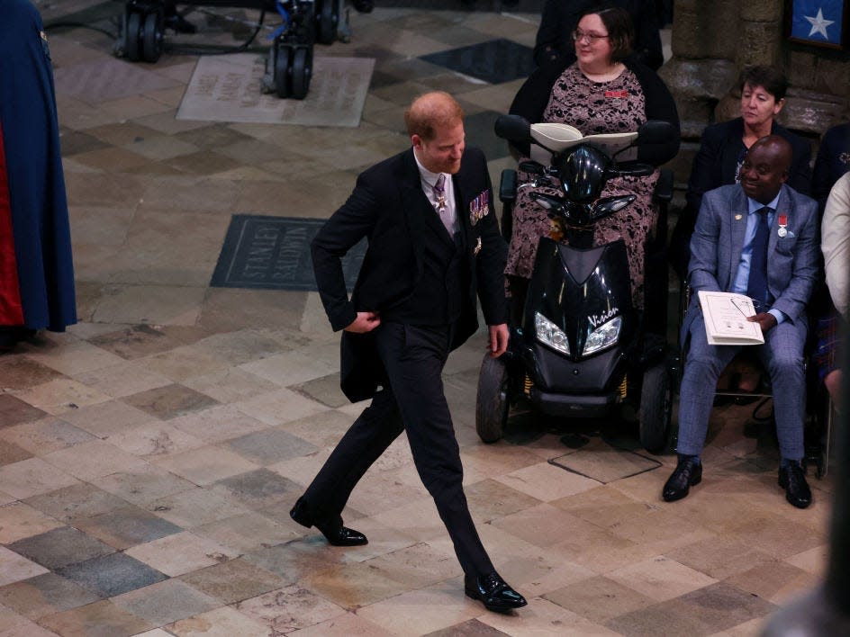 rince Harry, Duke of Sussex arrives for the Coronation of King Charles III and Queen Camilla on May 6, 2023 in London, England.