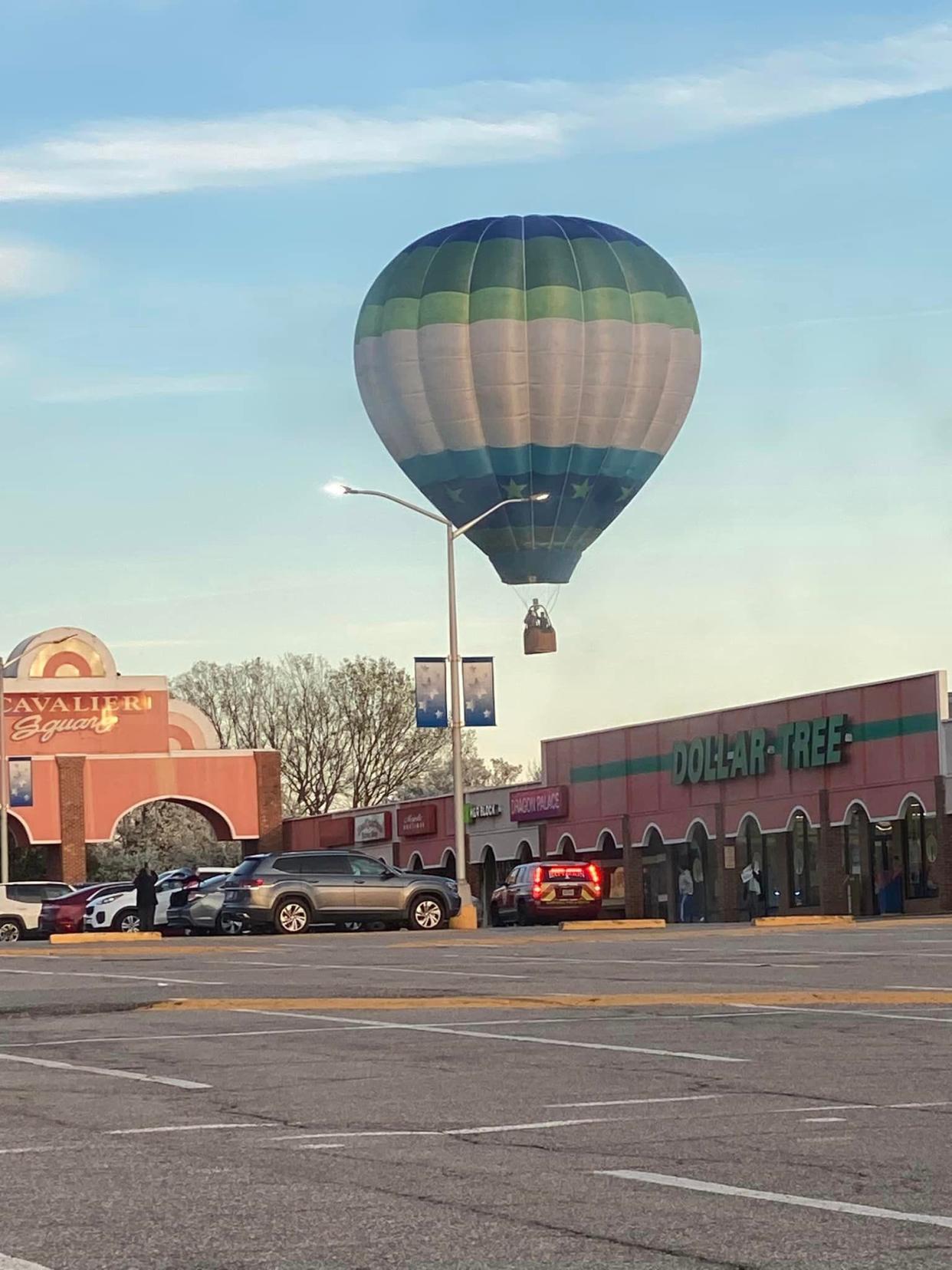 A hot-air balloon is shown making a descent  Sunday, March 5, 2023 near Cavalier Square in Hopewell.