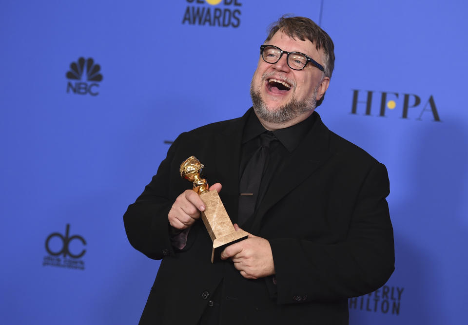 FILE - Guillermo del Toro poses in the press room with the award for best director for a motion picture for "The Shape of Water" at the 75th annual Golden Globe Awards on Jan. 7, 2018, in Beverly Hills, Calif. Del Toro turns 56 on Oct. 9. (Photo by Jordan Strauss/Invision/AP, File)