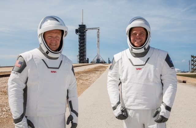 NASA astronauts Douglas Hurley (left) and Robert Behnken (right) participate in a dress rehearsal for launch at the agencyâ€™s Kennedy Space Center in Florida on May 23, 2020, ahead of NASAâ€™s SpaceX Demo-2 mission to the International Space Station. Demo-2 will serve as an end-to-end flight test of SpaceXâ€™s crew transportation system, providing valuable data toward NASA certifying the system for regular, crewed missions to the orbiting laboratory under the agencyâ€™s Commercial Crew Program. Liftoff is targeted for 4:33 p.m. EDT on Wednesday, May 27.