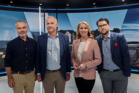 Liberal Party leader Jan Bjorklund, Left Party leader Jonas Sjostedt, Centre Party leader Annie Loof and Sweden Democrats leader Jimmie Akesson during a tv debate, Stockholm, Sweden September 4, 2018. TT News Agency/Stina Stjernkvist/via REUTERS