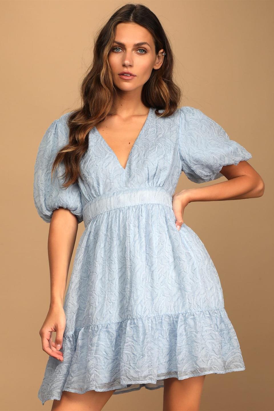 Lulus Romantic Waltz Light Blue Organza Puff Sleeve Mini Dress