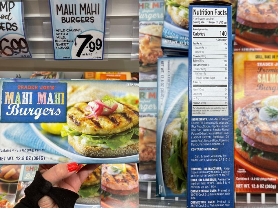 The writer holds a box of mahi mahi burgers; Nutrition facts on mahi mahi burgers box
