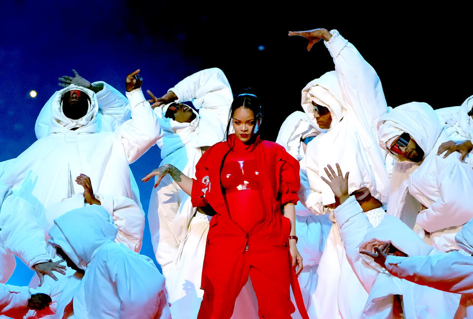 Rihanna performs onstage during the Apple Music Super Bowl LVII Halftime Show at State Farm Stadium on February 12, 2023 in Glendale, Arizona.