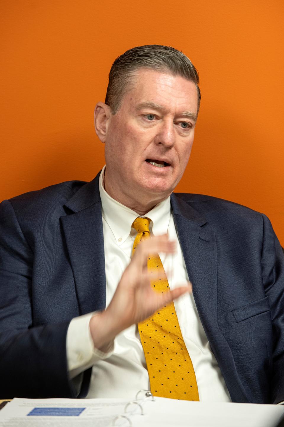 Ed Augustus, Massachusetts Secretary of Housing and Livable Communities, talks with reporters from throughout the state, at the Gannett newsroom in Concord, Dec. 7, 2023.