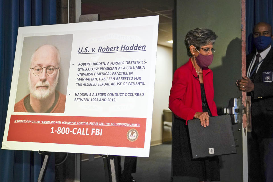 Audrey Strauss, Acting United States Attorney for the Southern District of New York, arrives for a news conference to announce the unsealing of an indictment against Robert Hadden, Wednesday, Sept. 9, 2020, in New York. Hadden, a former New York gynecologist, is accused of sexually abusing more than two dozen patients, including the wife of former presidential candidate Andrew Yang. He was charged with six counts of inducing others to travel to engage in illegal sex acts. (AP Photo/John Minchillo)