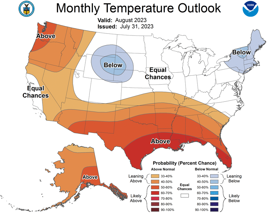 This graph shows places where a much warmer than average August is favored (orange to red) and where a much cooler than average August is favored (light to dark blues). White areas indicate that there are equal chances for a warm, cool, or near-average August.