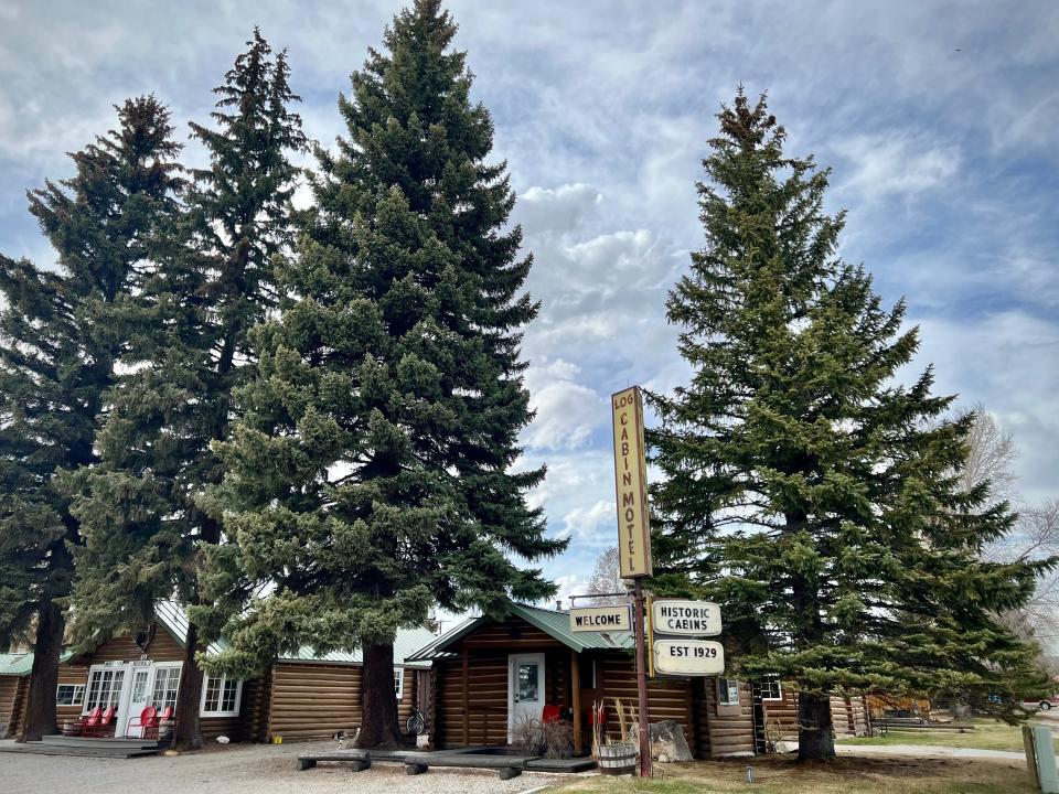 Tall pine trees and a log cabin, with a sign that reads "Log Cabin Motel, Welcome, Historic Cabins est 1929." 