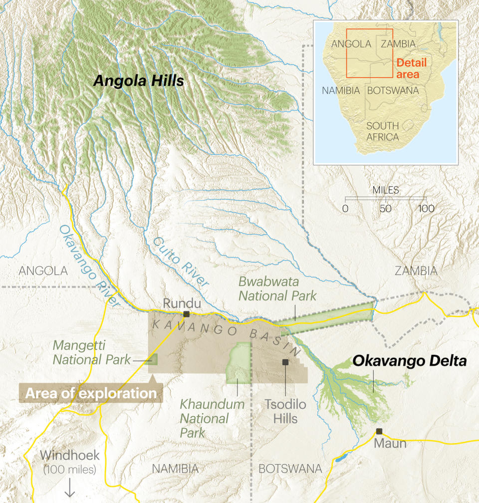 A map of the region showing the 6.3 million acres of land in northern Namibia and 2.45 million acres in Botswana that ReconAfrica has licensed for oil-and-gas exploration.