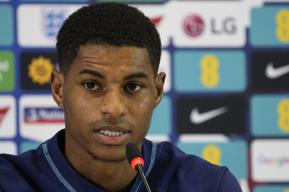 England's Marcus Rashford speaks to the media during a press conference at at Al Wakrah Sports Complex, in Al Wakrah, Qatar, Sunday, Nov. 27, 2022. (AP Photo/Abbie Parr)