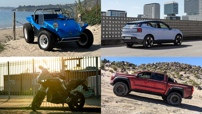 A Meyers Manx, Volvo XC30, Zero DSR-X in a collage